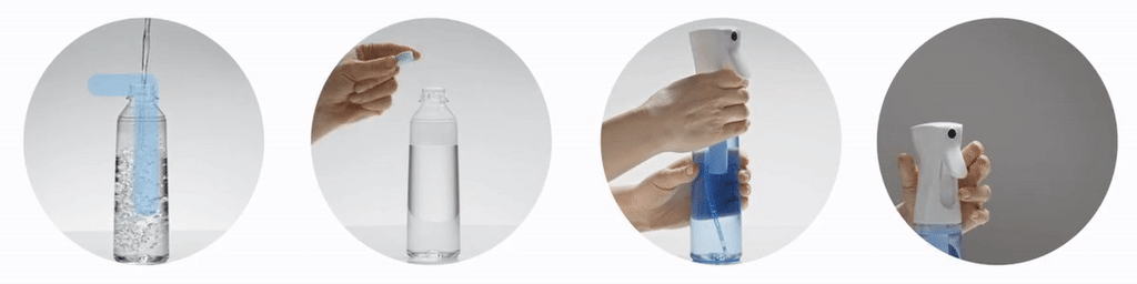 Thanks to the bottle with an atomizer and soluble tablets, you prepare cleaning agents